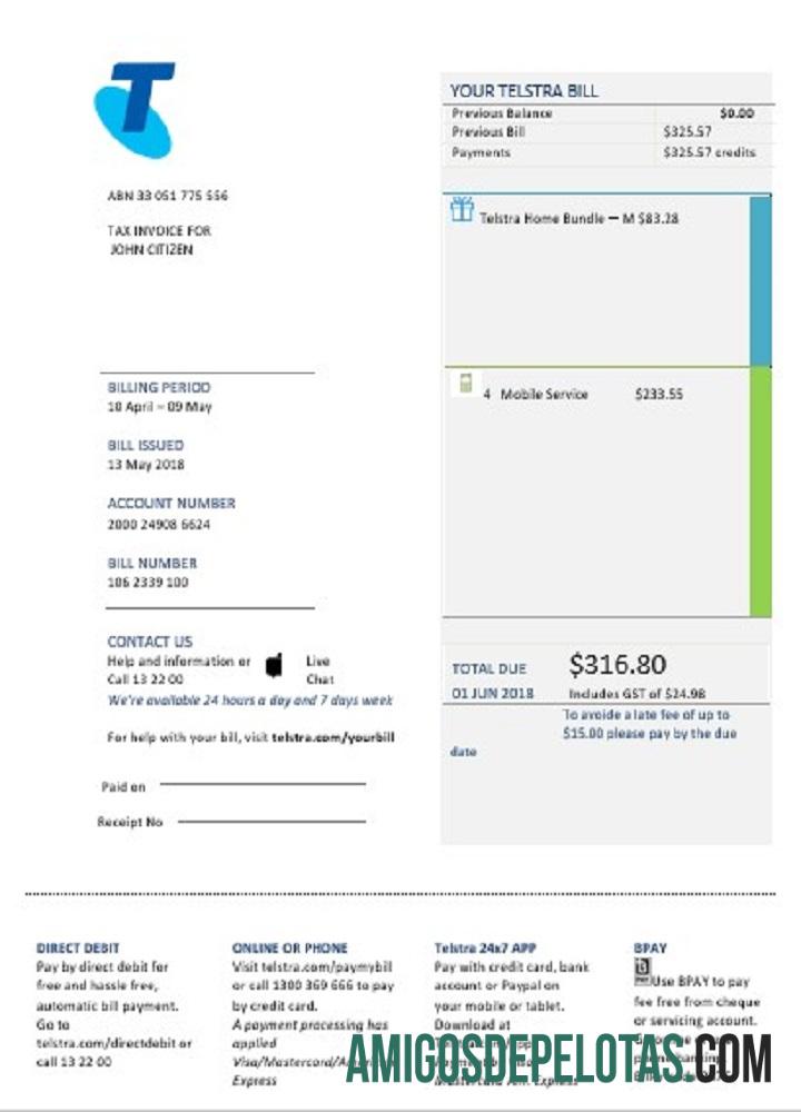 Conta de serviços públicos de telecomunicações da Telstra na Austrália amostra